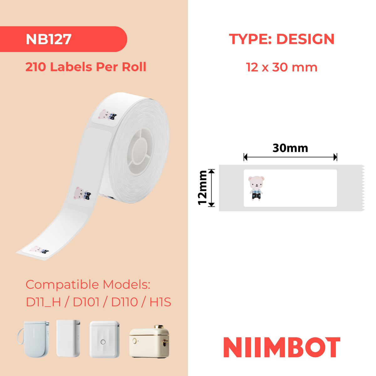 NIIMBOT - D Range - 12x30mm - Baby Bear - 210 Labels