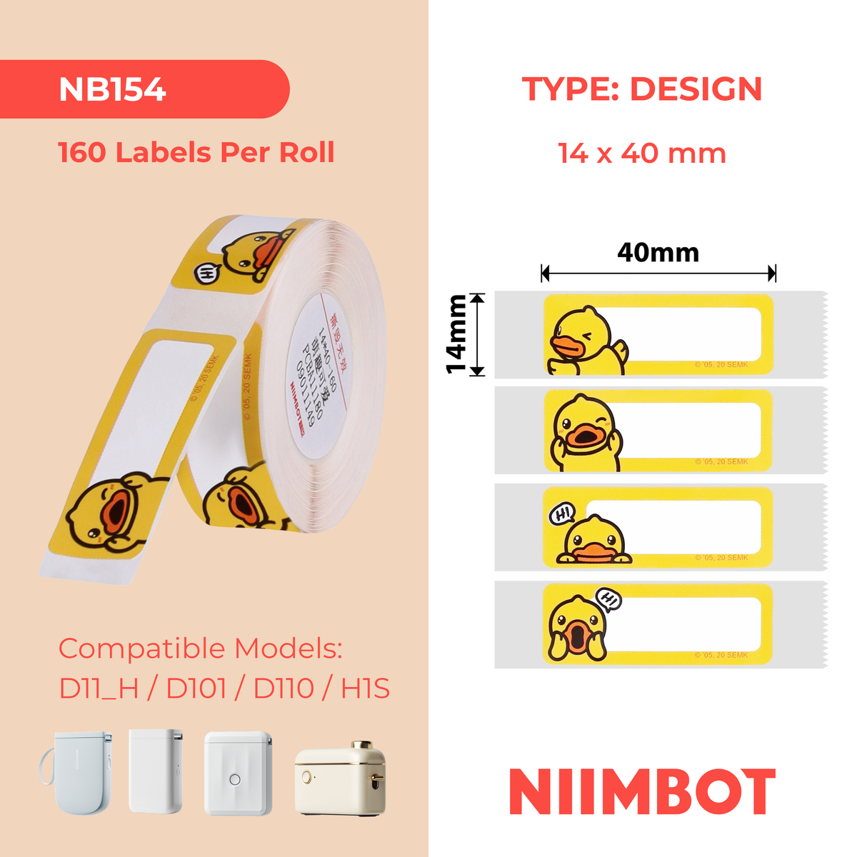NIIMBOT - D Range - 14x40mm - Cute Duck - 160 Labels