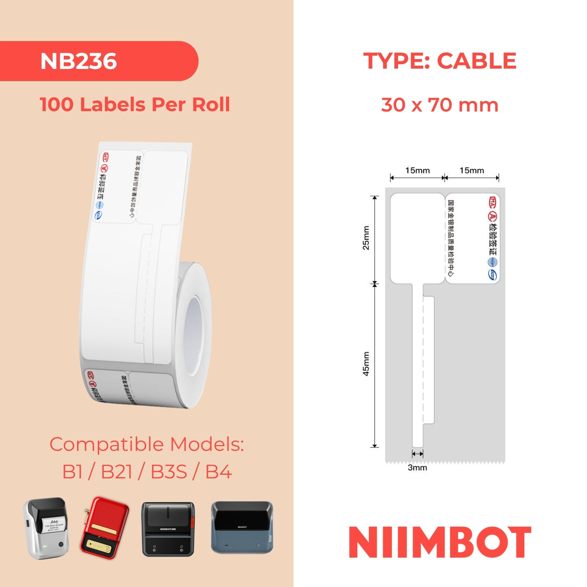 NIIMBOT - B Range - 30x70mm - Chinese Cable - 100 Labels