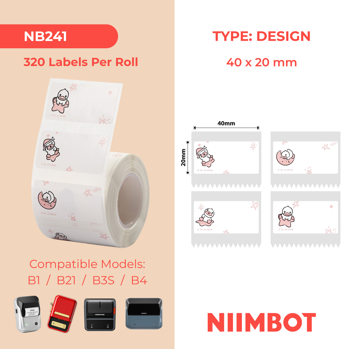 NIIMBOT - B Range - 40x20mm - Duck - 320 Labels