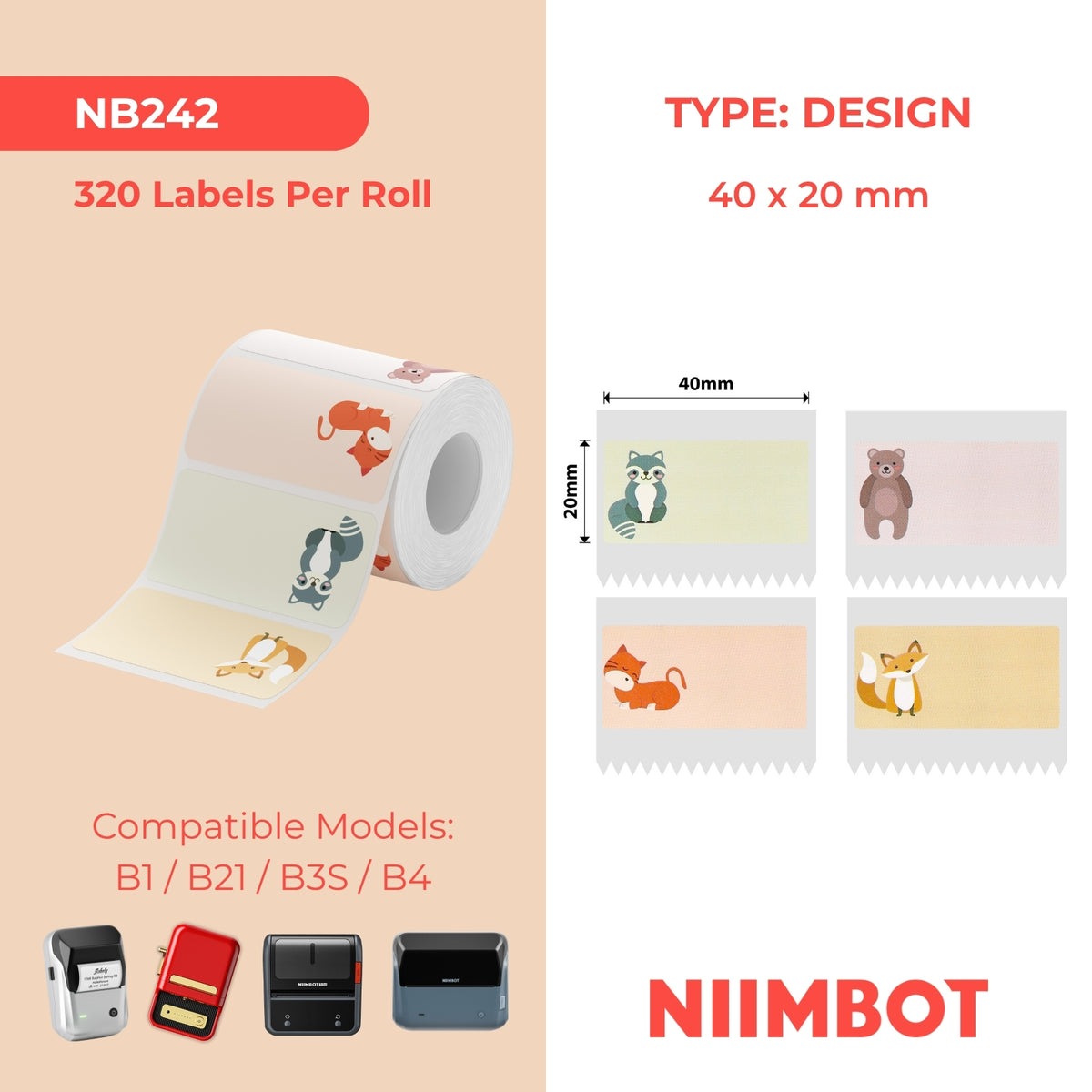 NIIMBOT - B Range - 40x20mm - Nametag Animal - 320 Labels