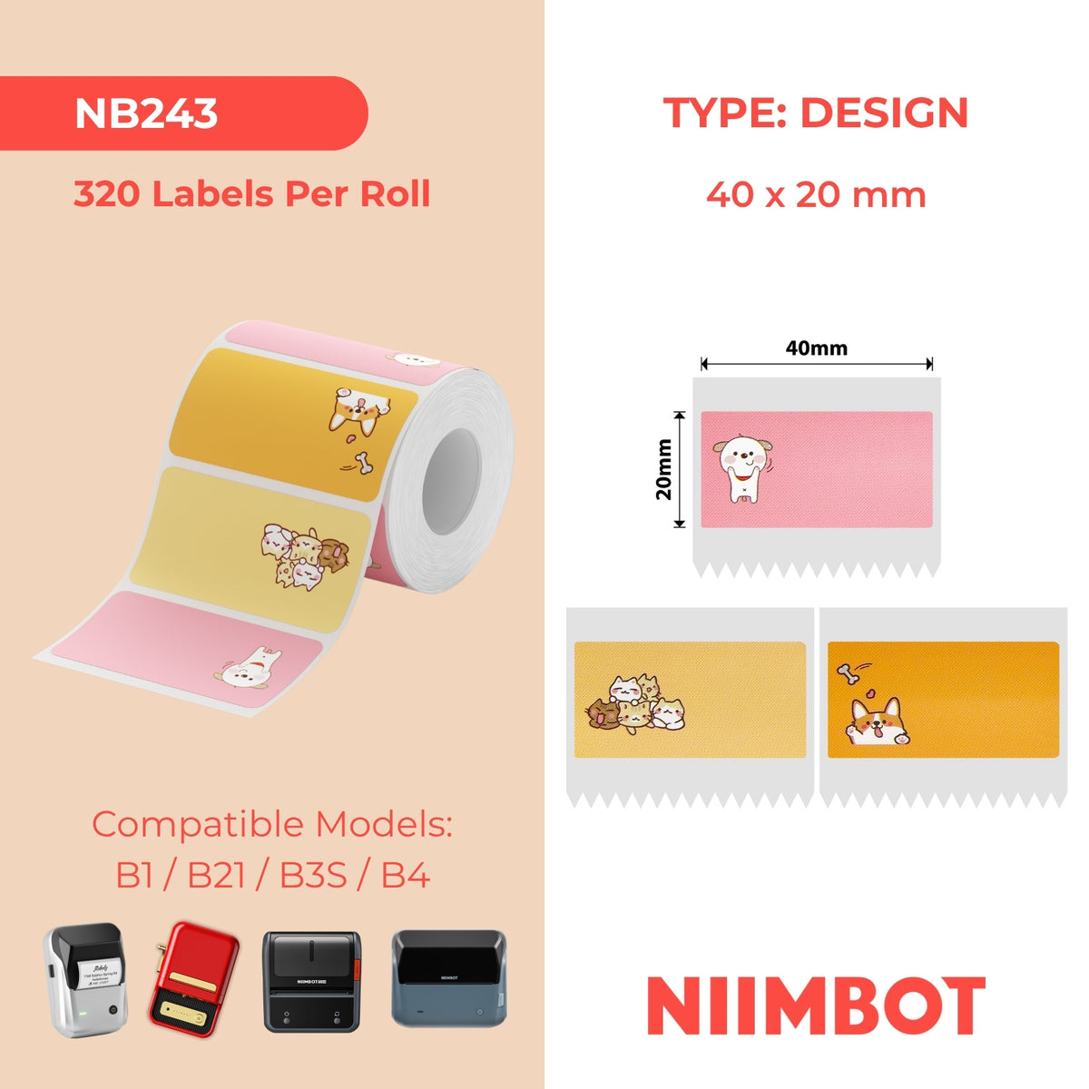 NIIMBOT - B Range - 40x20mm - Pink & Orange, Cat & Dog - 320 Labels