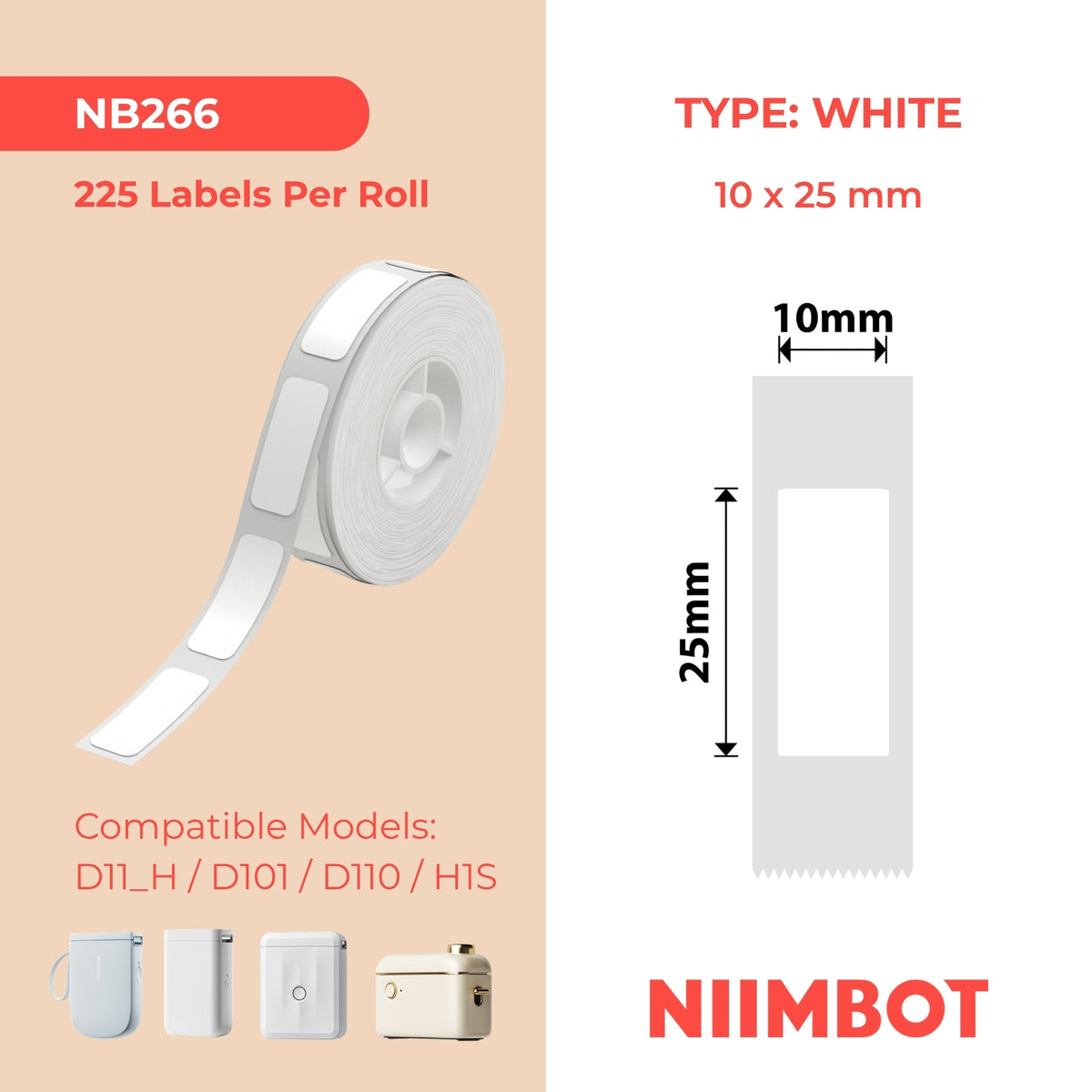NIIMBOT - D Range - 10x25mm - White - 225 Labels