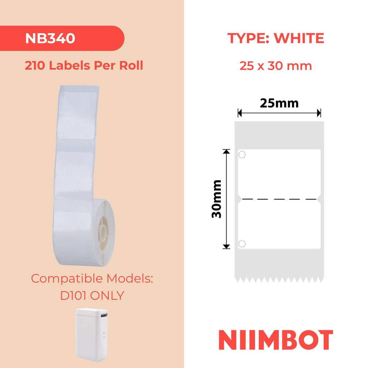 NIIMBOT - D101 Only - 25x30mm - White With Hole - 210 Labels