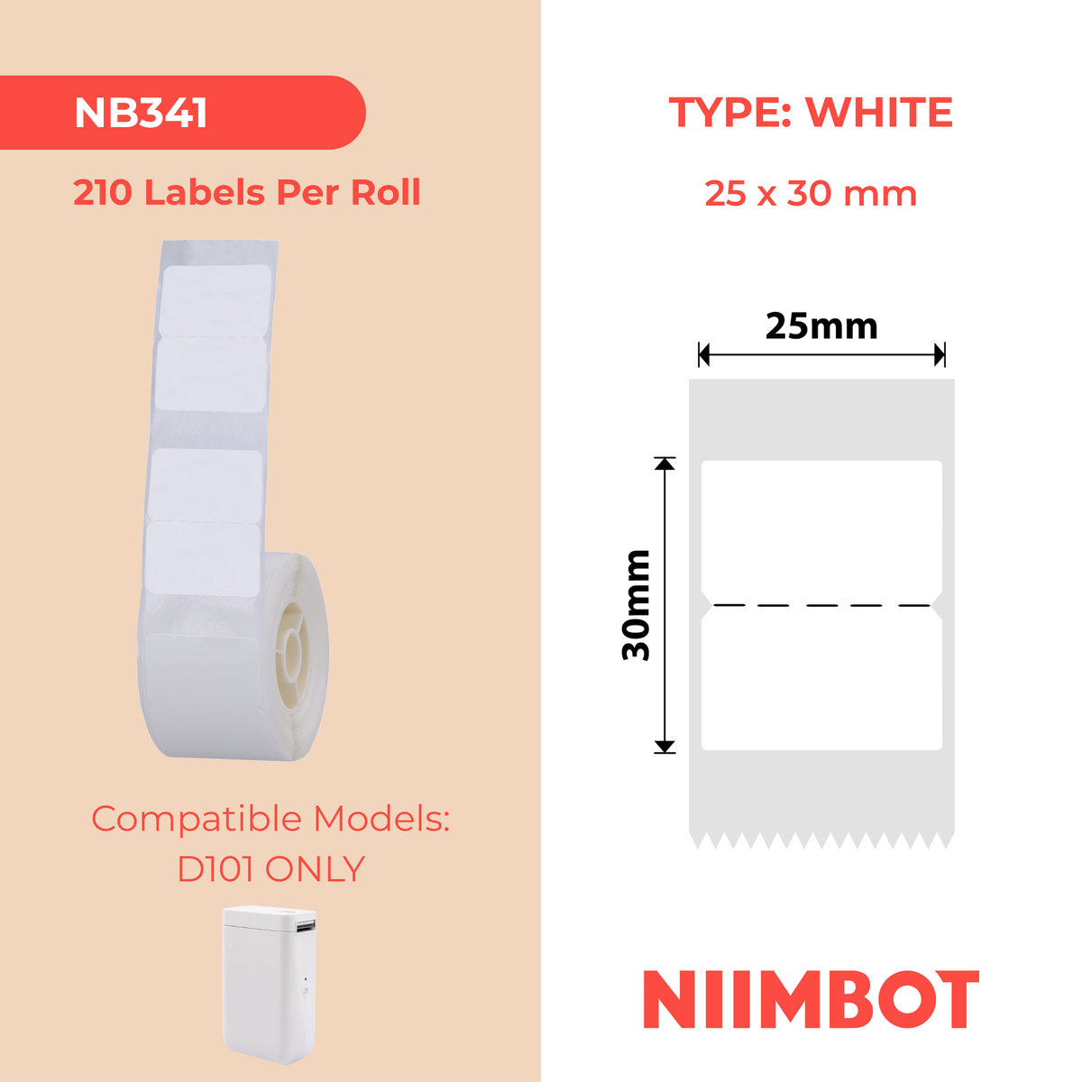 NIIMBOT - D101 Only - 25x30mm - White No Hole - 210 Labels