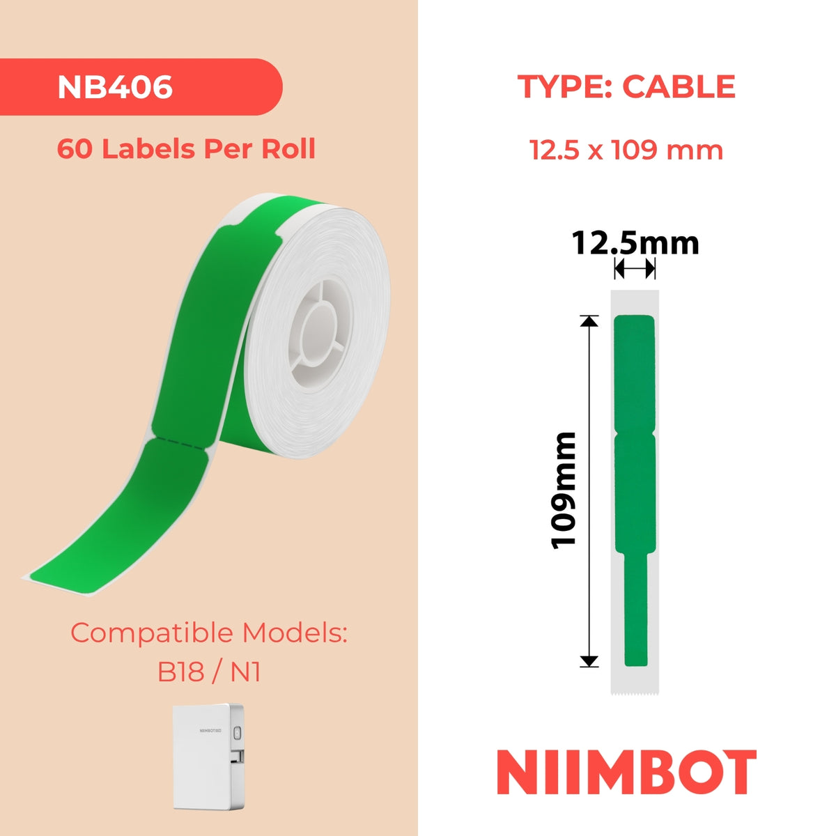 NIIMBOT - N1 - 12.5x109mm - Green Cable - 60 Labels