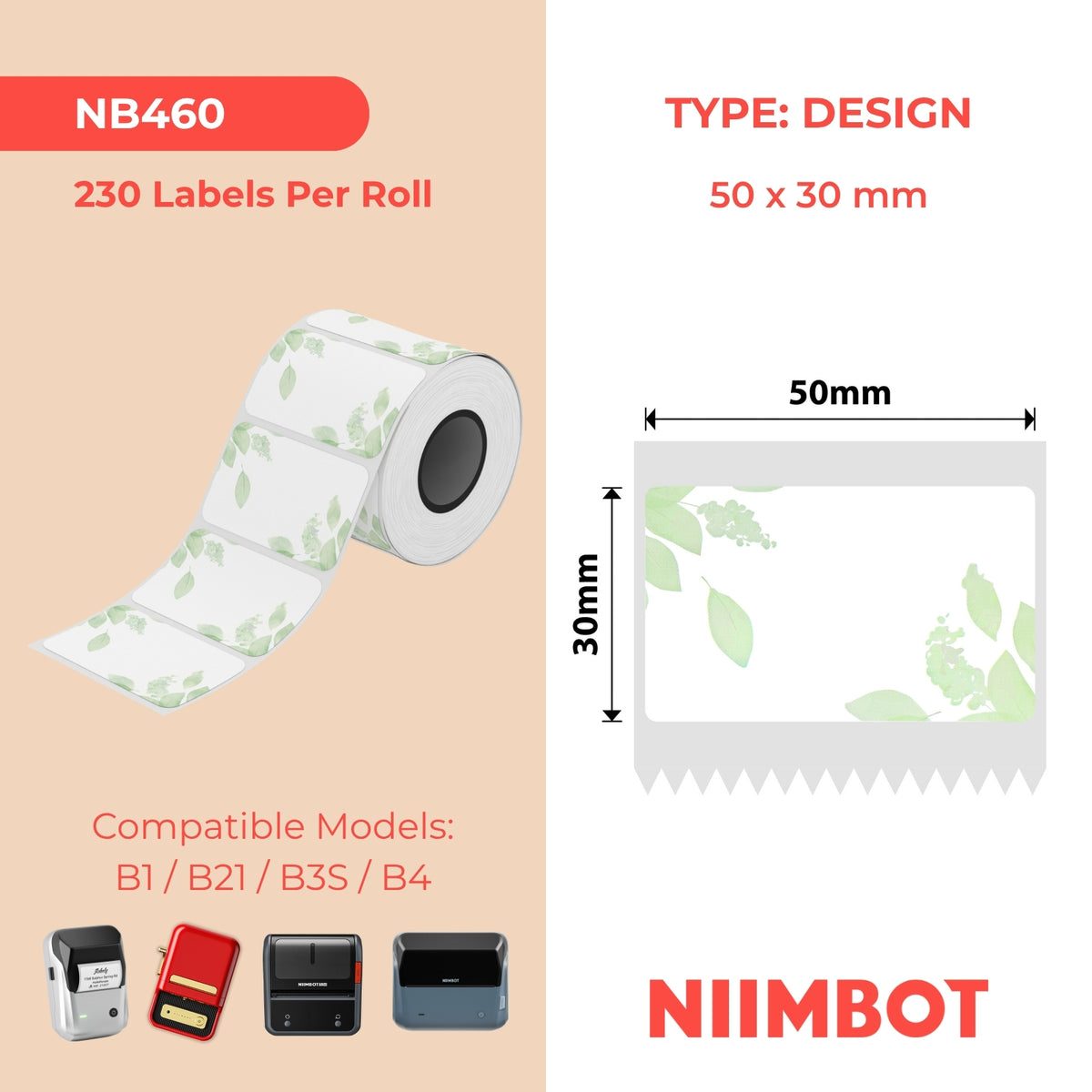 NIIMBOT - B Range - 50x30mm - Green Leaf - 230 Labels