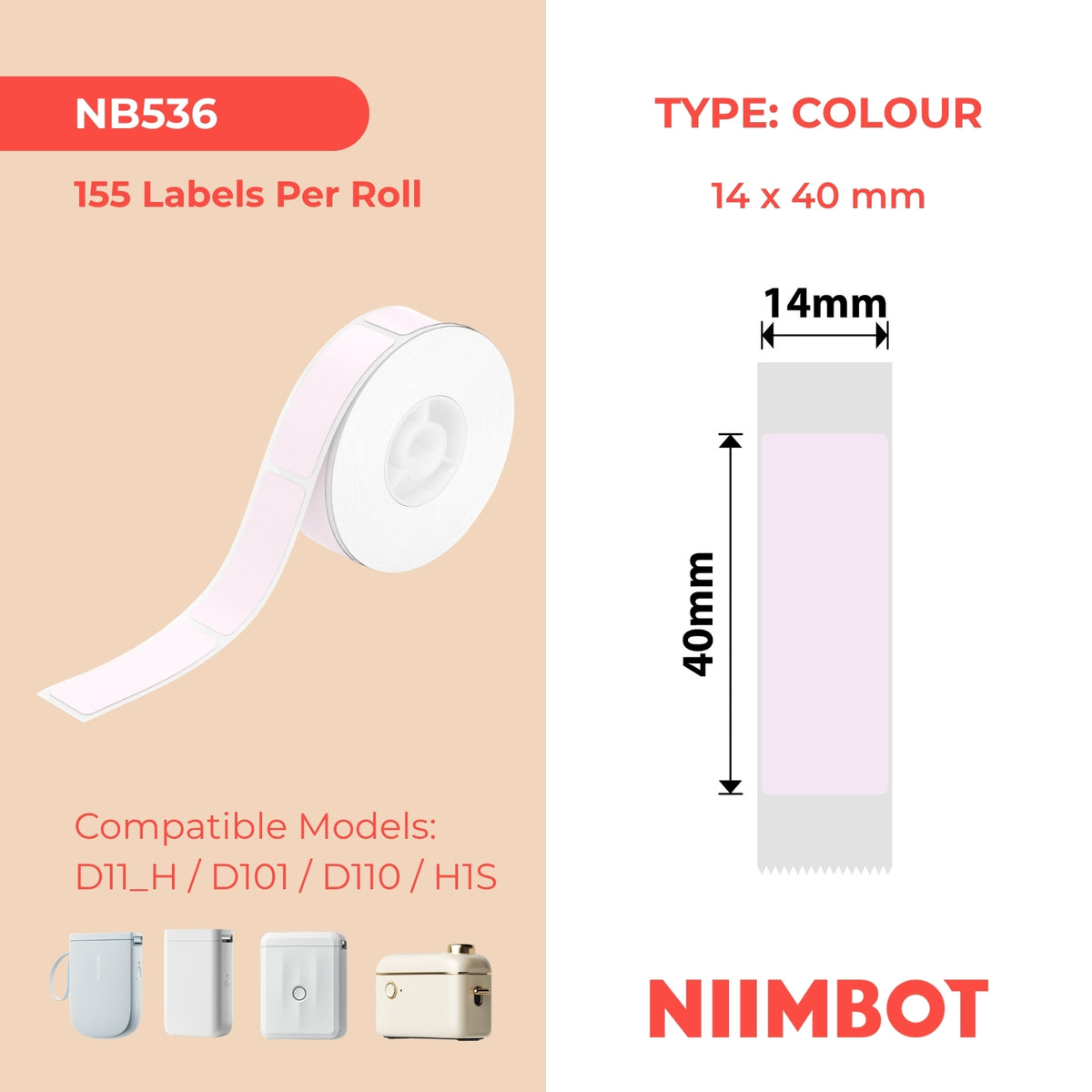 NIIMBOT - D Range - 14x40mm - Light Pink - 155 Labels