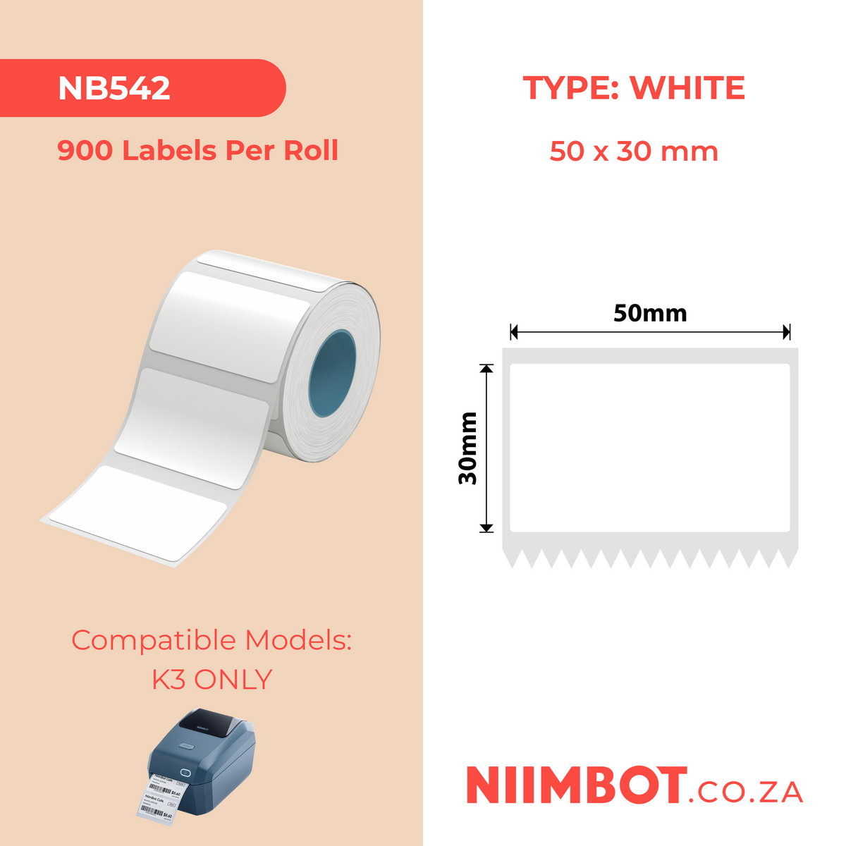 NIIMBOT - K Range - 50x30mm - White - 900 Labels