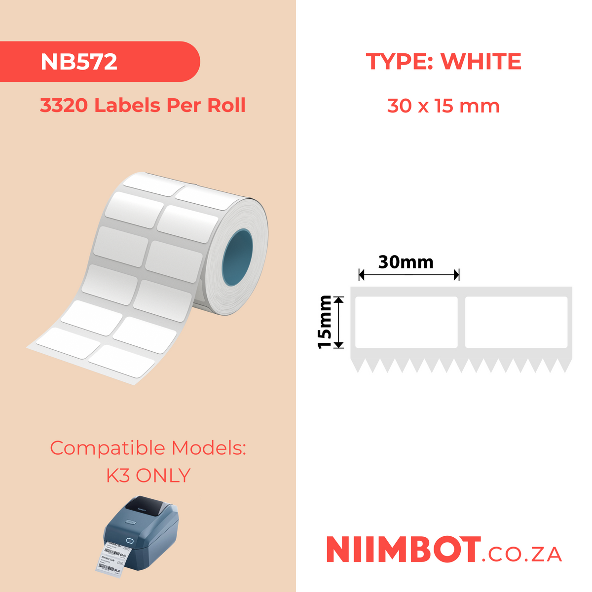 NIIMBOT - K3 Only - 30x15mm/2L - White - 3,320 Labels