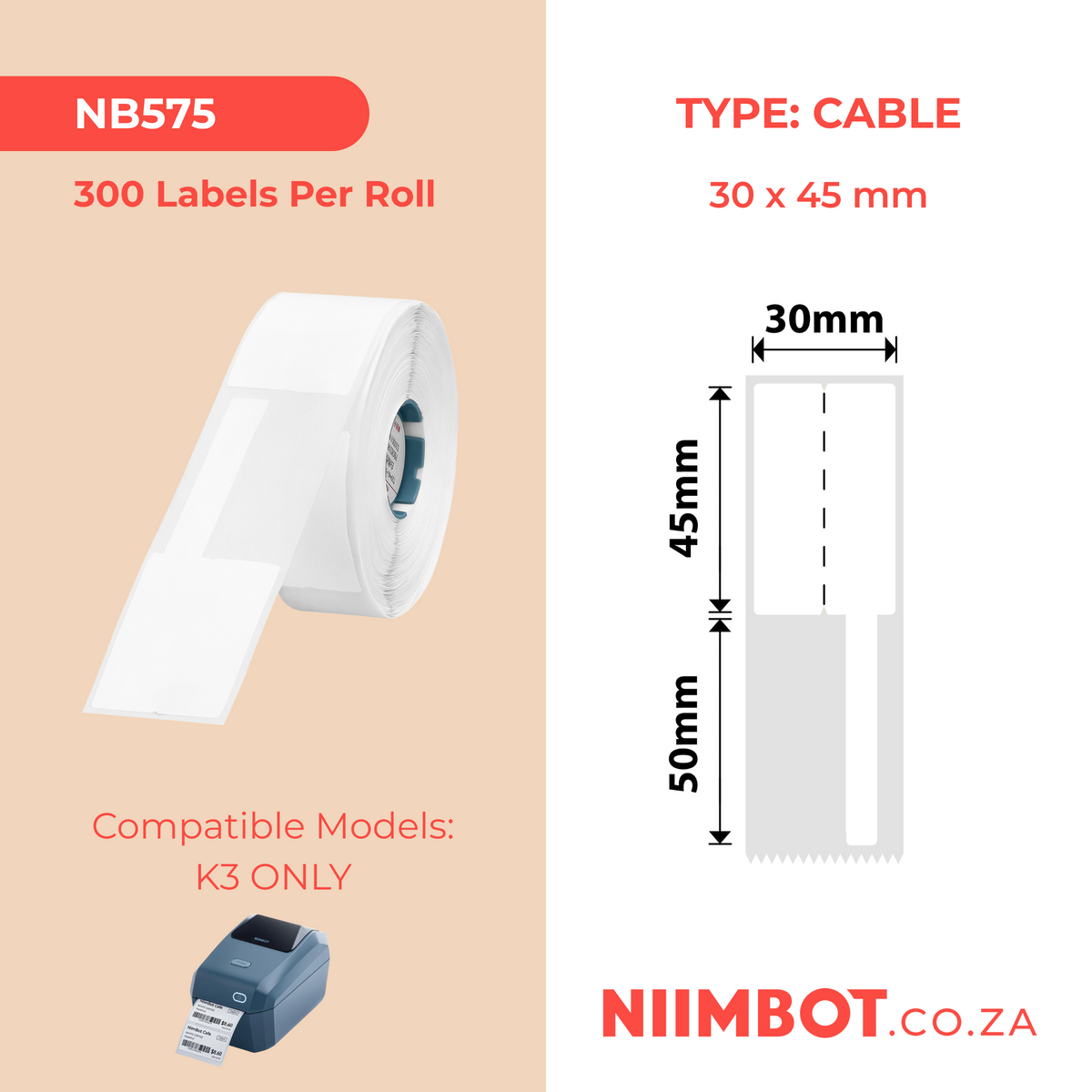 NIIMBOT - K Range - 30x45+50mm - White Cable - 300 Labels