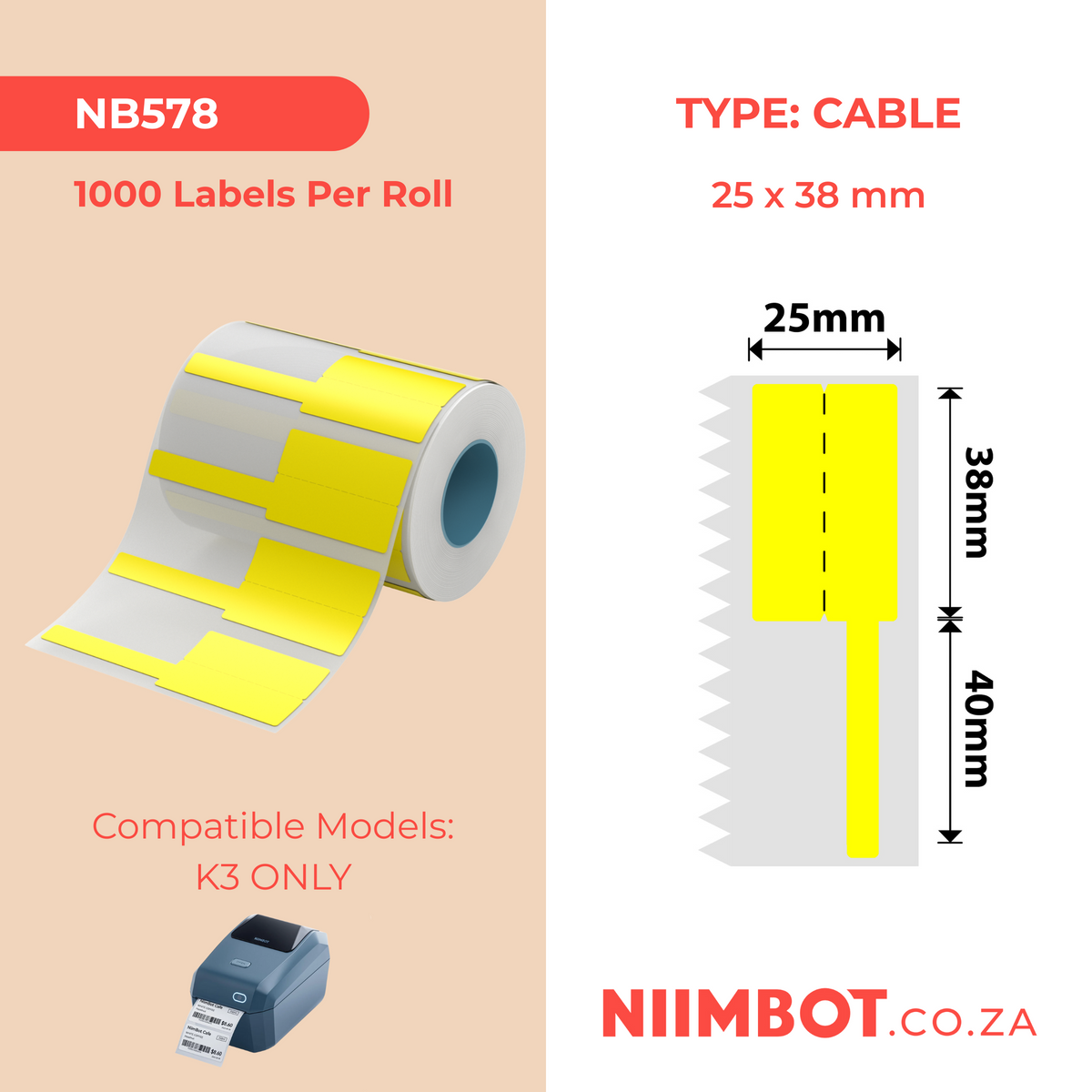 NIIMBOT - K3 Only - 38x25+40mm - Yellow Cable - 1,000 Labels