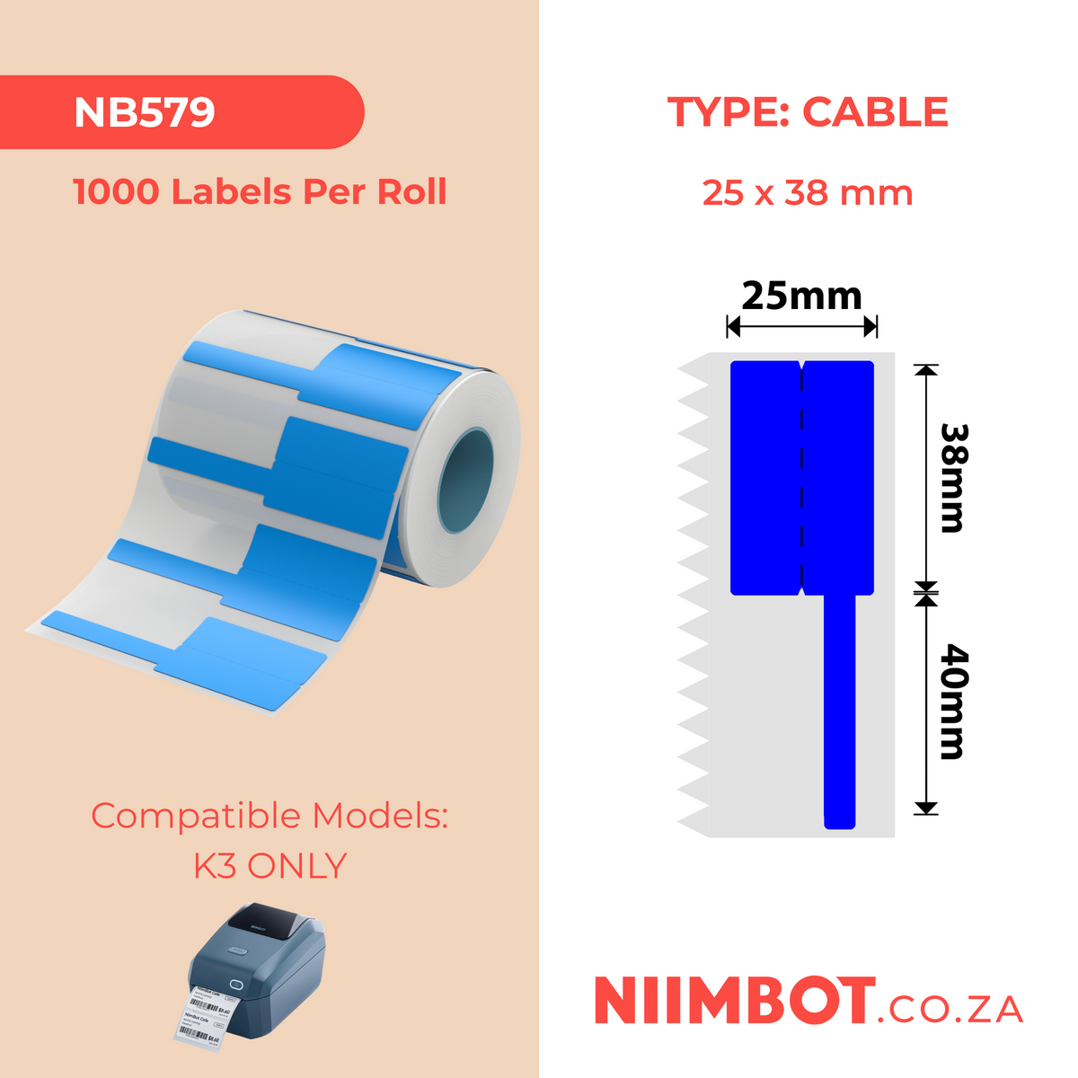 NIIMBOT - K3 Only - 38x25+40mm - Blue Cable - 1,000 Labels