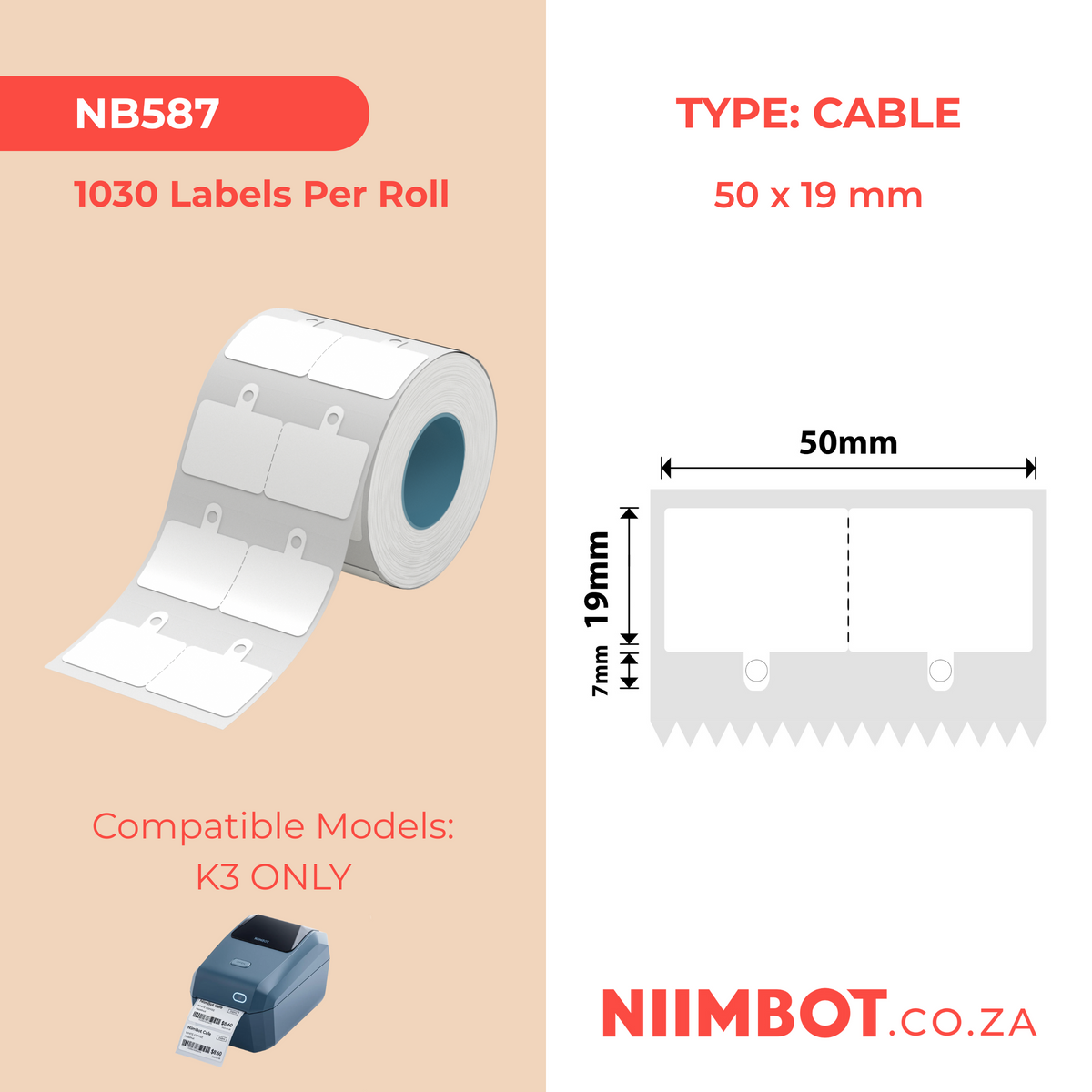 NIIMBOT - K Range - 50x19+7mm - White Jewellery With Hole - 1,030 Labels