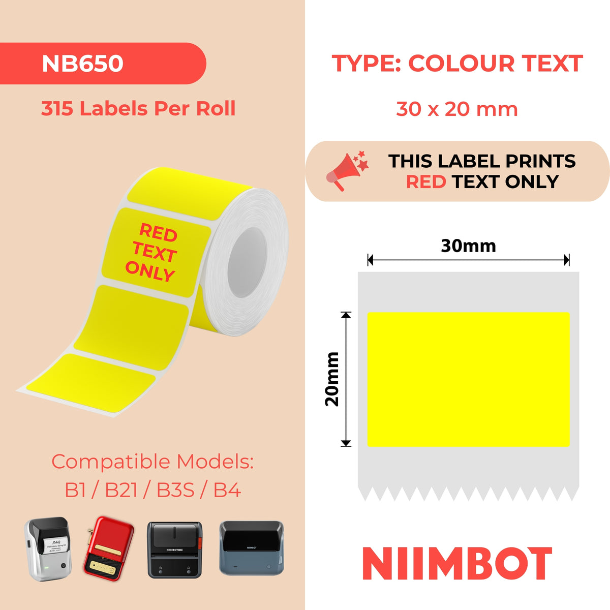 NIIMBOT - B Range - 30x20mm - Yellow Red Text Only - 315 Labels