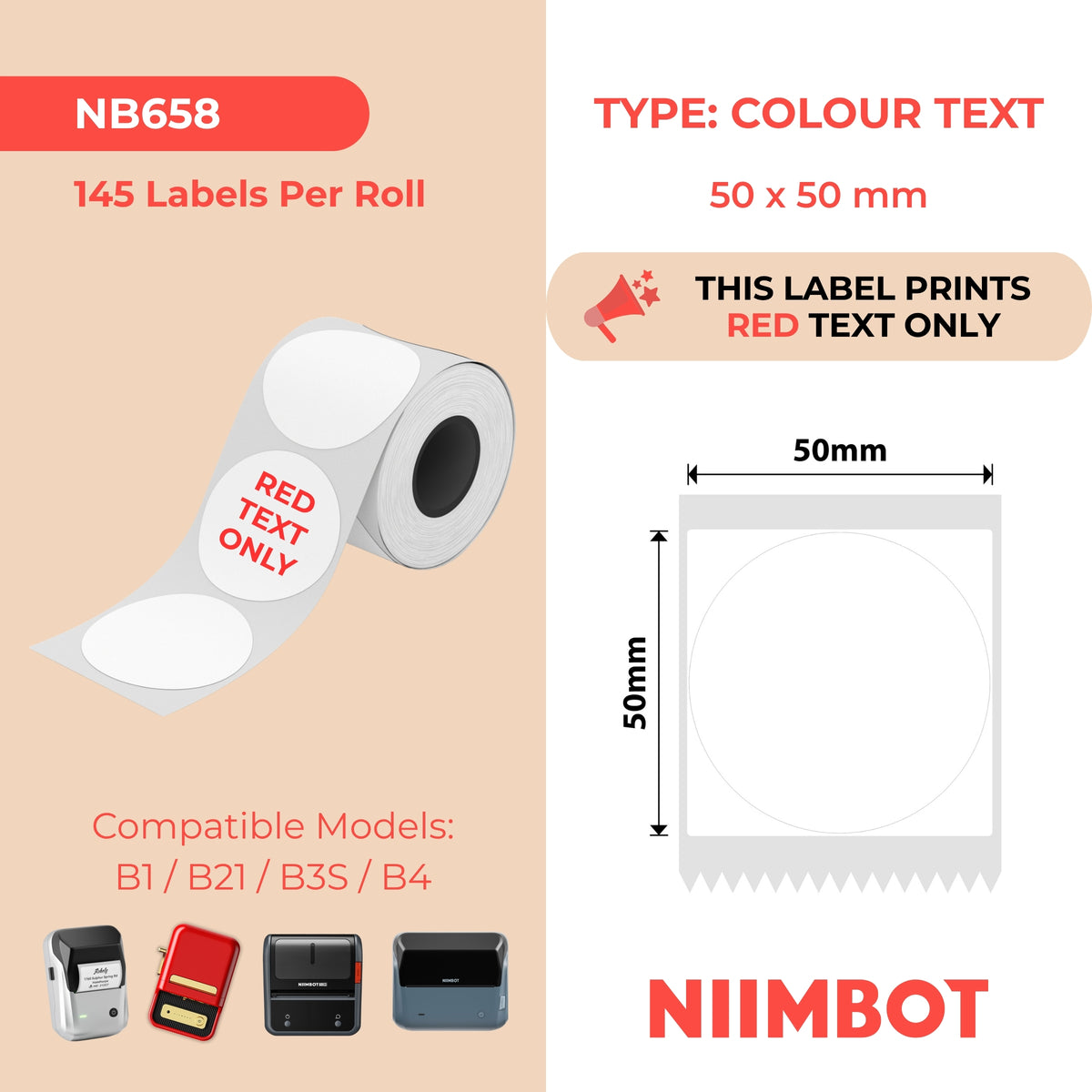NIIMBOT - B Range - 50x50mm - White Round Red Text Only - 145 Labels