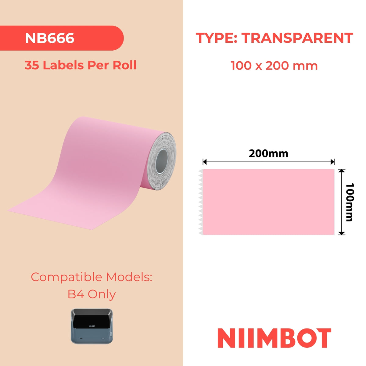 NIIMBOT - B4 Only - 100x200mm - Pink - 35 Labels