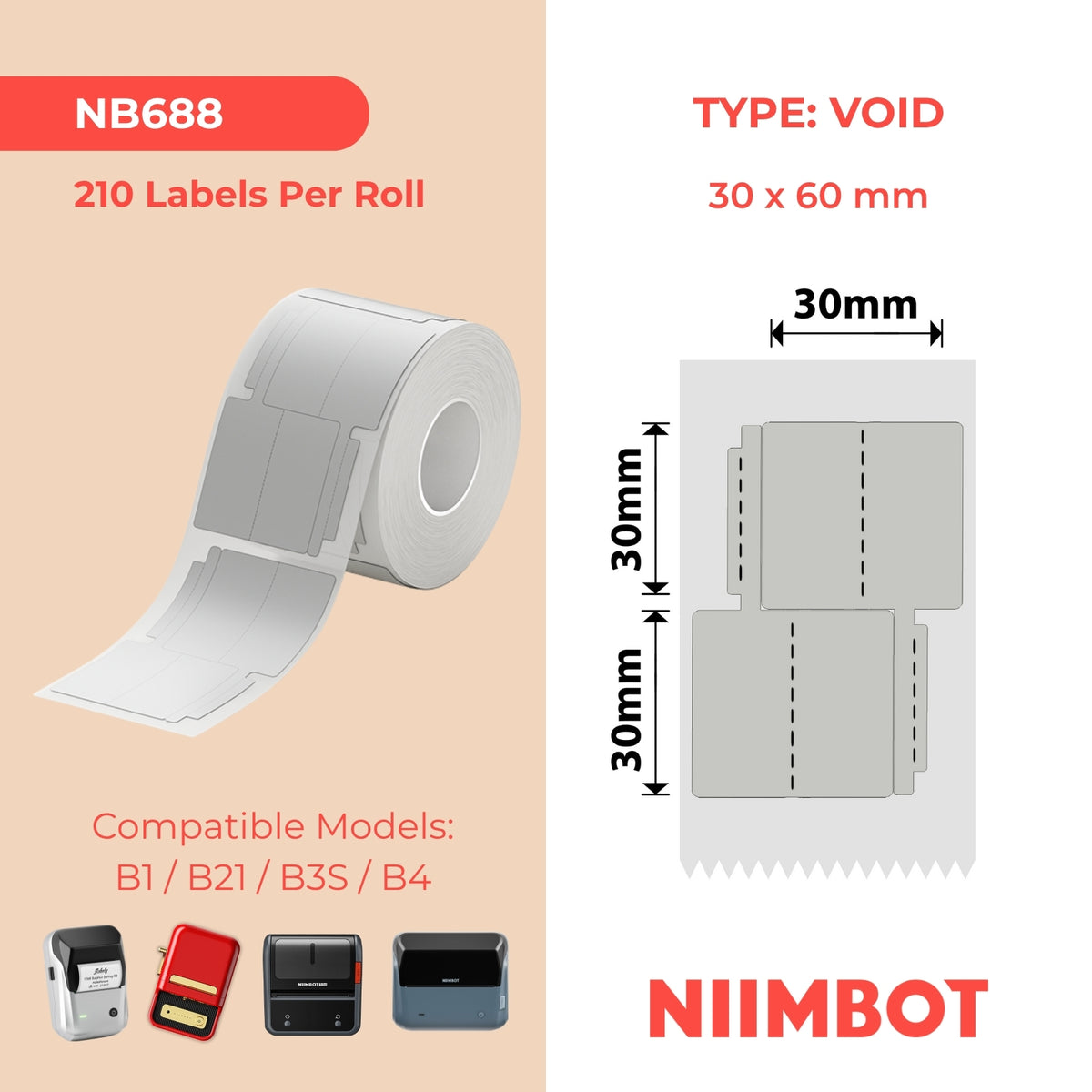 NIIMBOT - B Range - 30x30+30mm/2L - Silver Grey Double Row Jewellery Void - 210 Labels