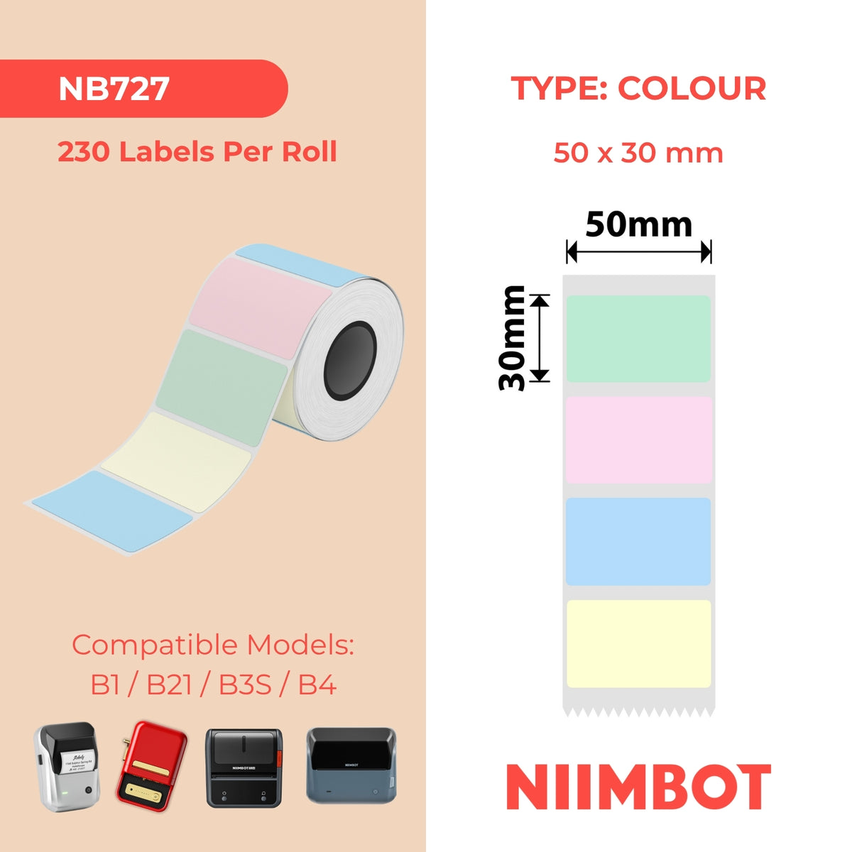 NIIMBOT - B Range - 50x30mm - Colors In Roll - 230 Labels
