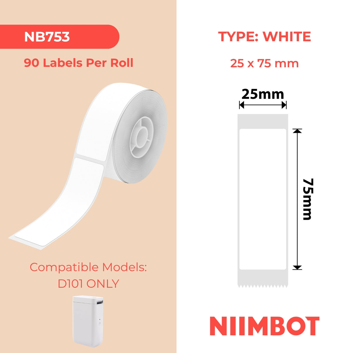 NIIMBOT - D101 Only - 25x75mm - White - 90 Labels