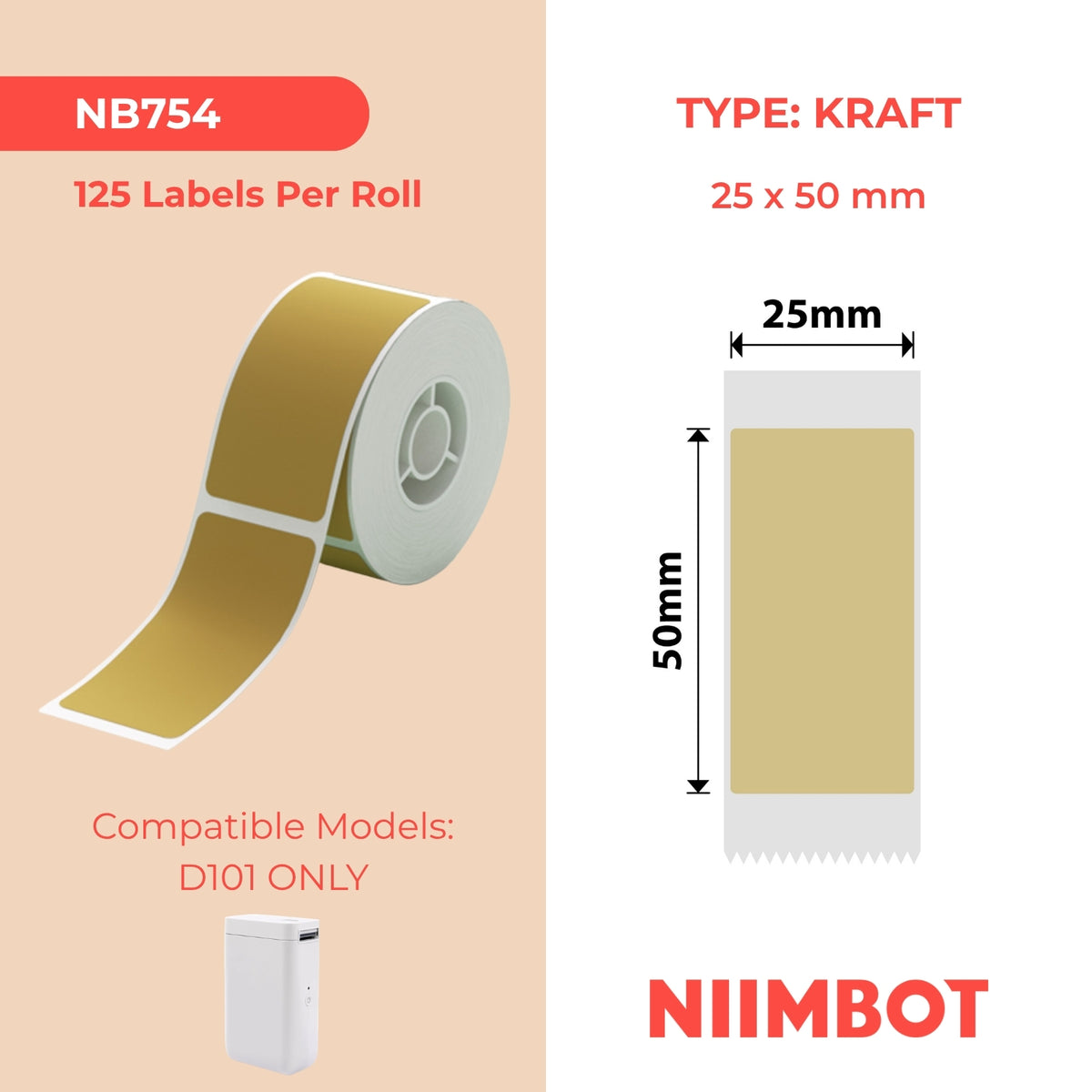 NIIMBOT - D101 Only - 25x50mm - Kraft - 125 Labels