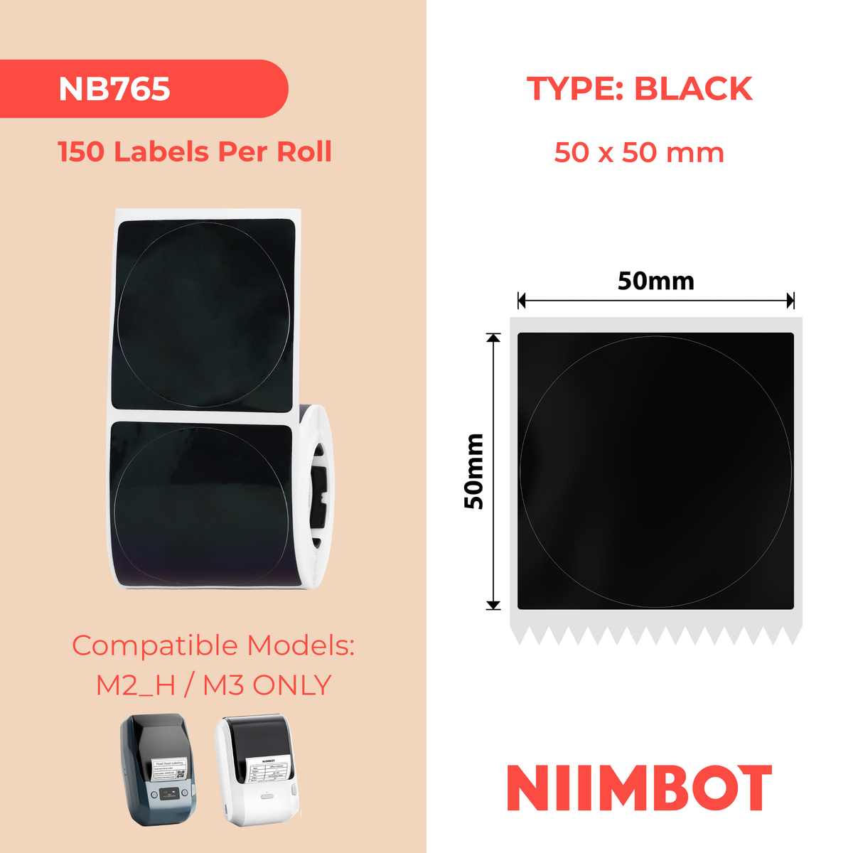 NIIMBOT - M Range - 50x50mm - Black Round - 150 Labels
