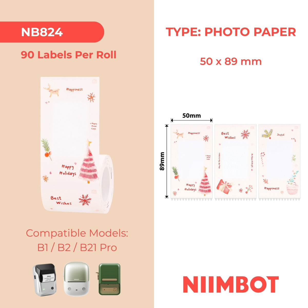 NIIMBOT - B Pro Range - 50x89mm - Greyscale - Photo Paper - Snow Country Christmas - 90 Labels