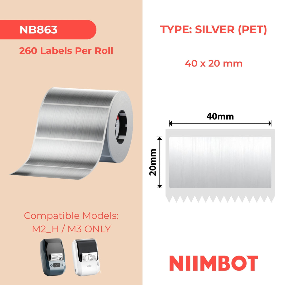 NIIMBOT - M Range - 40x20mm - Brushed Silver - 260 Labels
