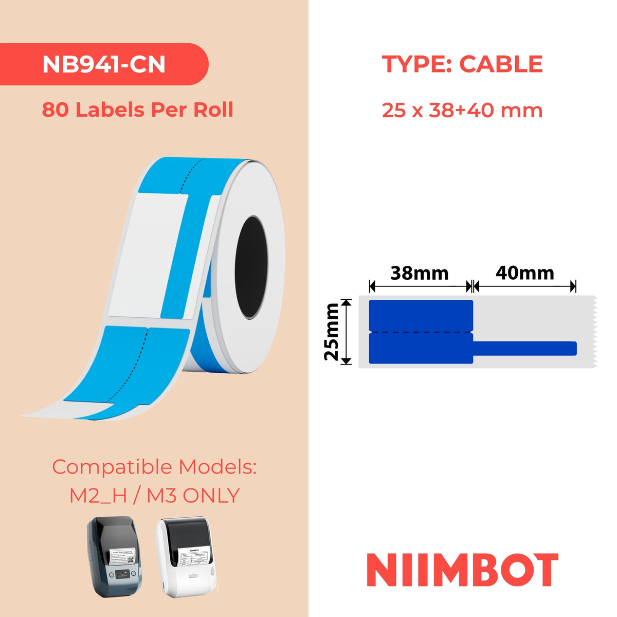 NIIMBOT - M Range - 25x38+40mm - Blue Cable - 80 Labels - CN
