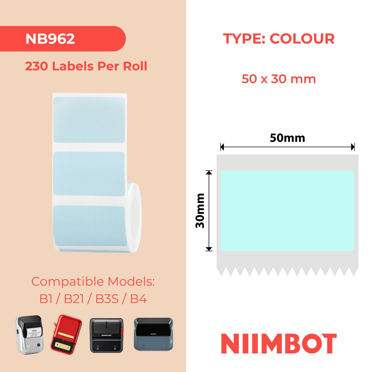 NIIMBOT - B Range - 50x30mm - Light Blue - 230 Labels