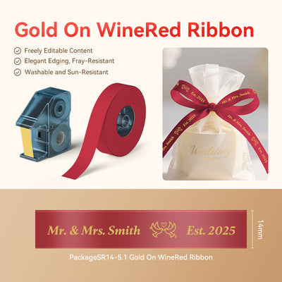 NIIMBOT - N1 Satin Gift Ribbon - 14mm x 5.1m - Gold on Wine Red