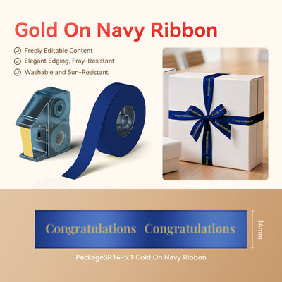 NIIMBOT - N1 Satin Gift Ribbon - 14mm x 5.1m - Gold on Navy