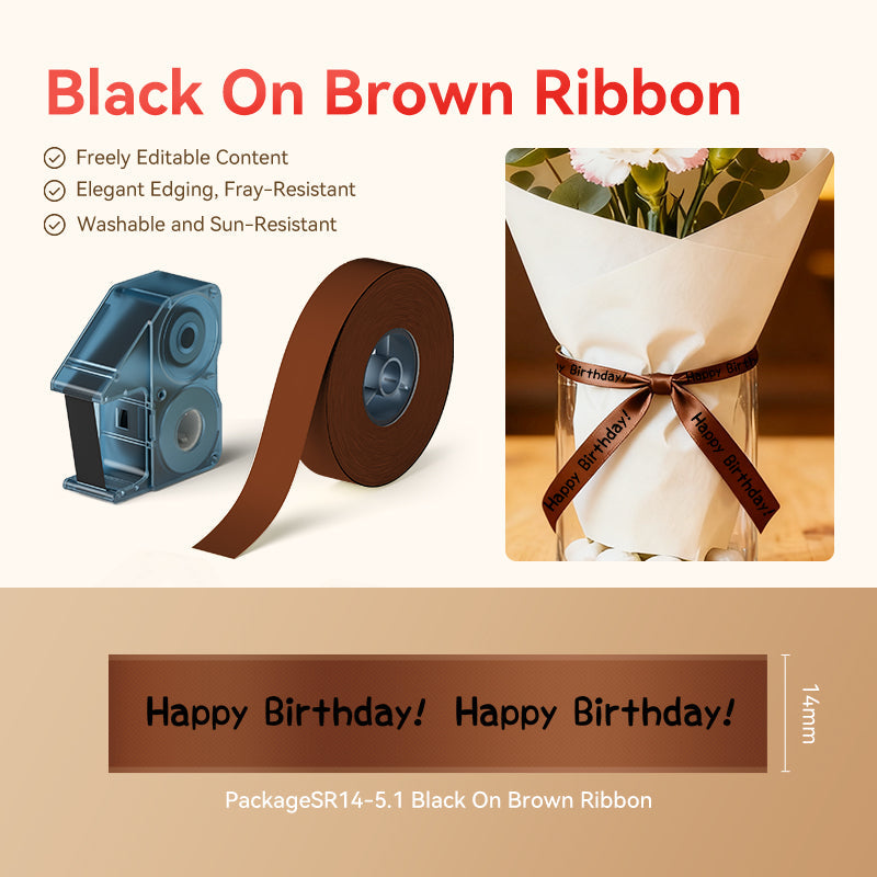 NIIMBOT - N1 Satin Gift Ribbon - 14mm x 5.1m - Black on Brown