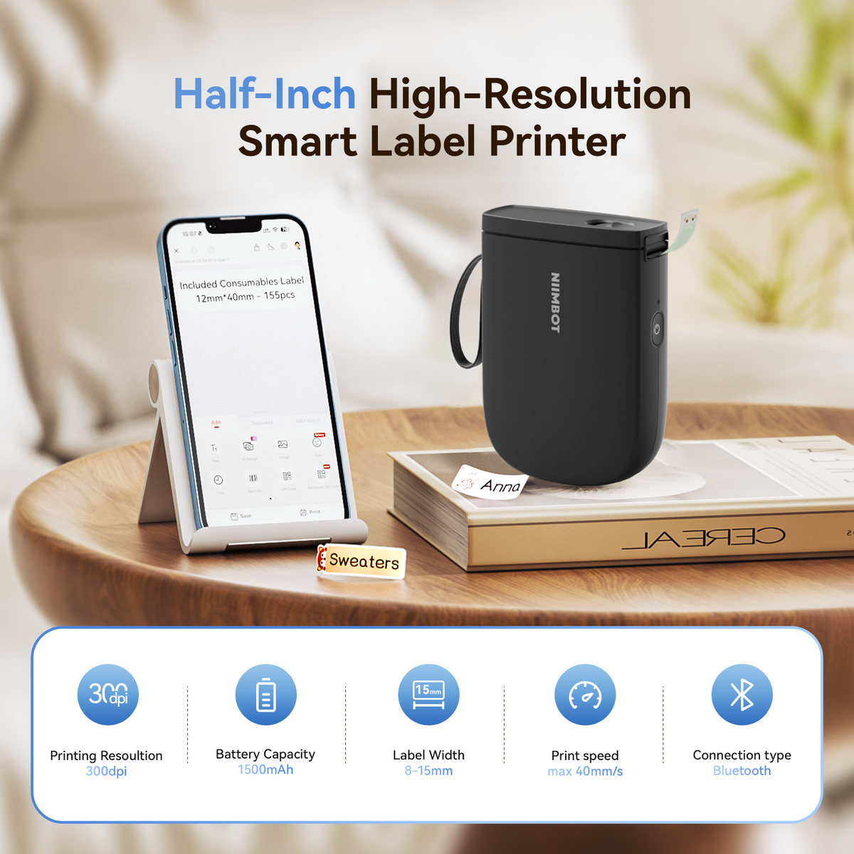 NIIMBOT - D11_H 300dpi Bluetooth Label Printer Incl Label Roll