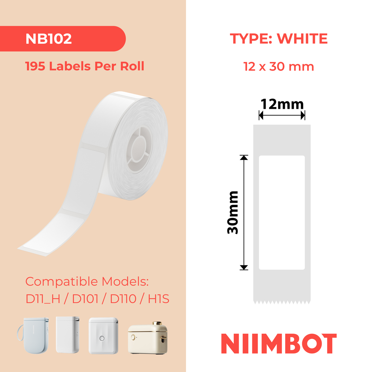 NIIMBOT - D Range - 12x30mm - White - 195 Labels