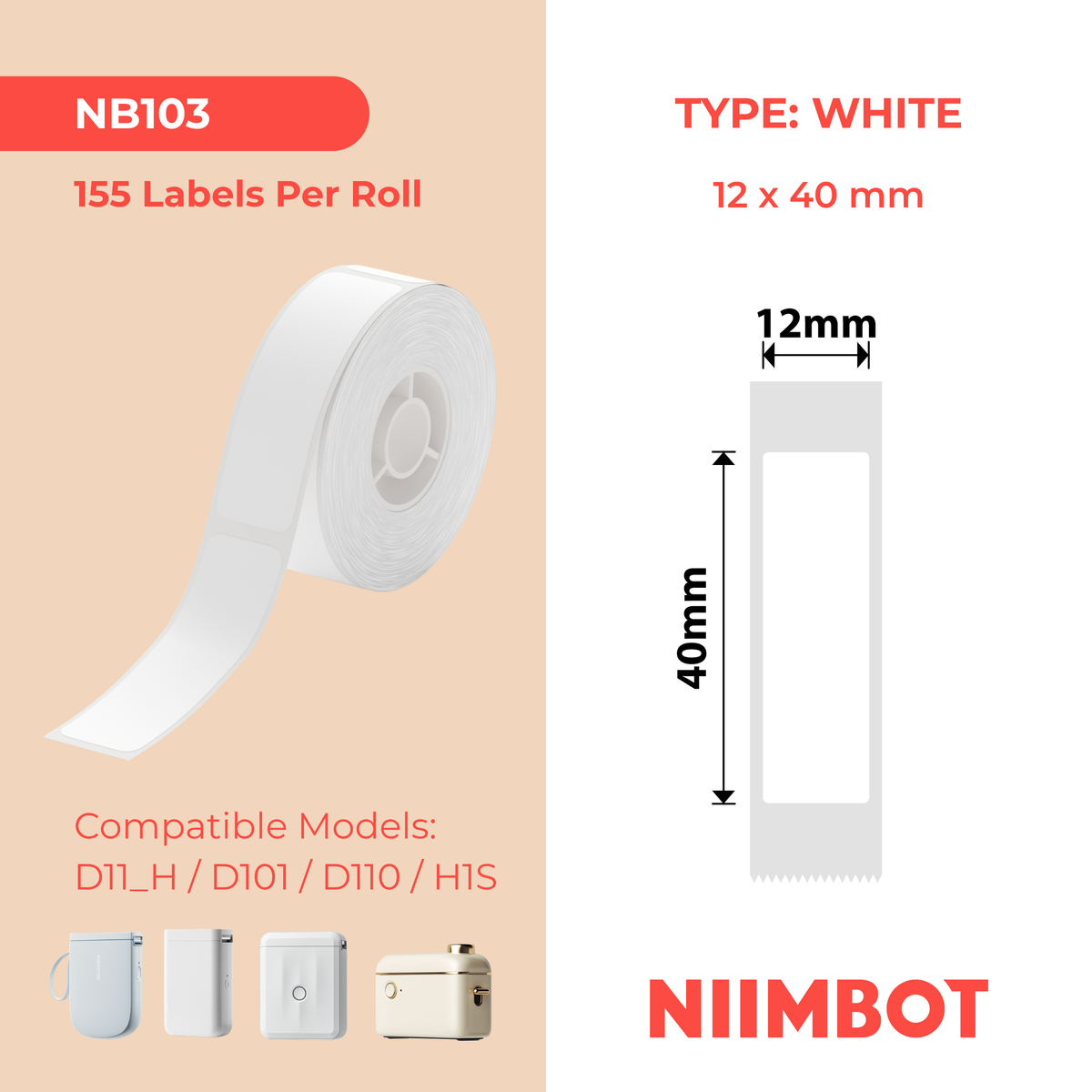 NIIMBOT - D Range - 12x40mm - White - 155 Labels