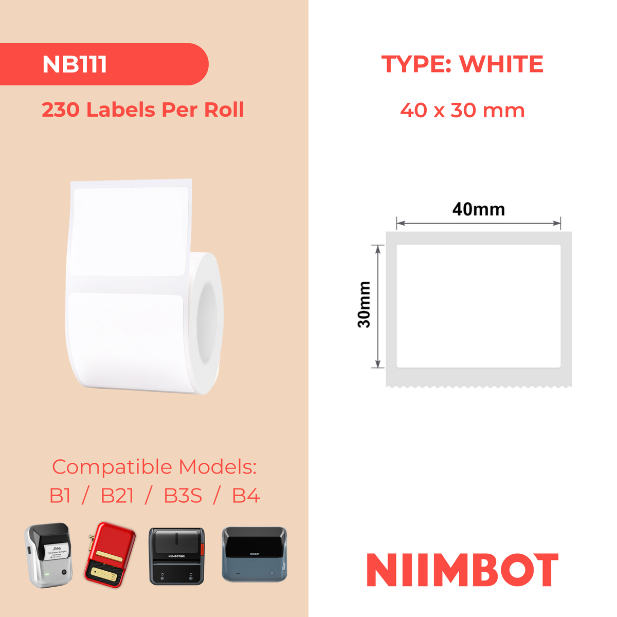NIIMBOT - B Range - 40x30mm - White - 230 Labels