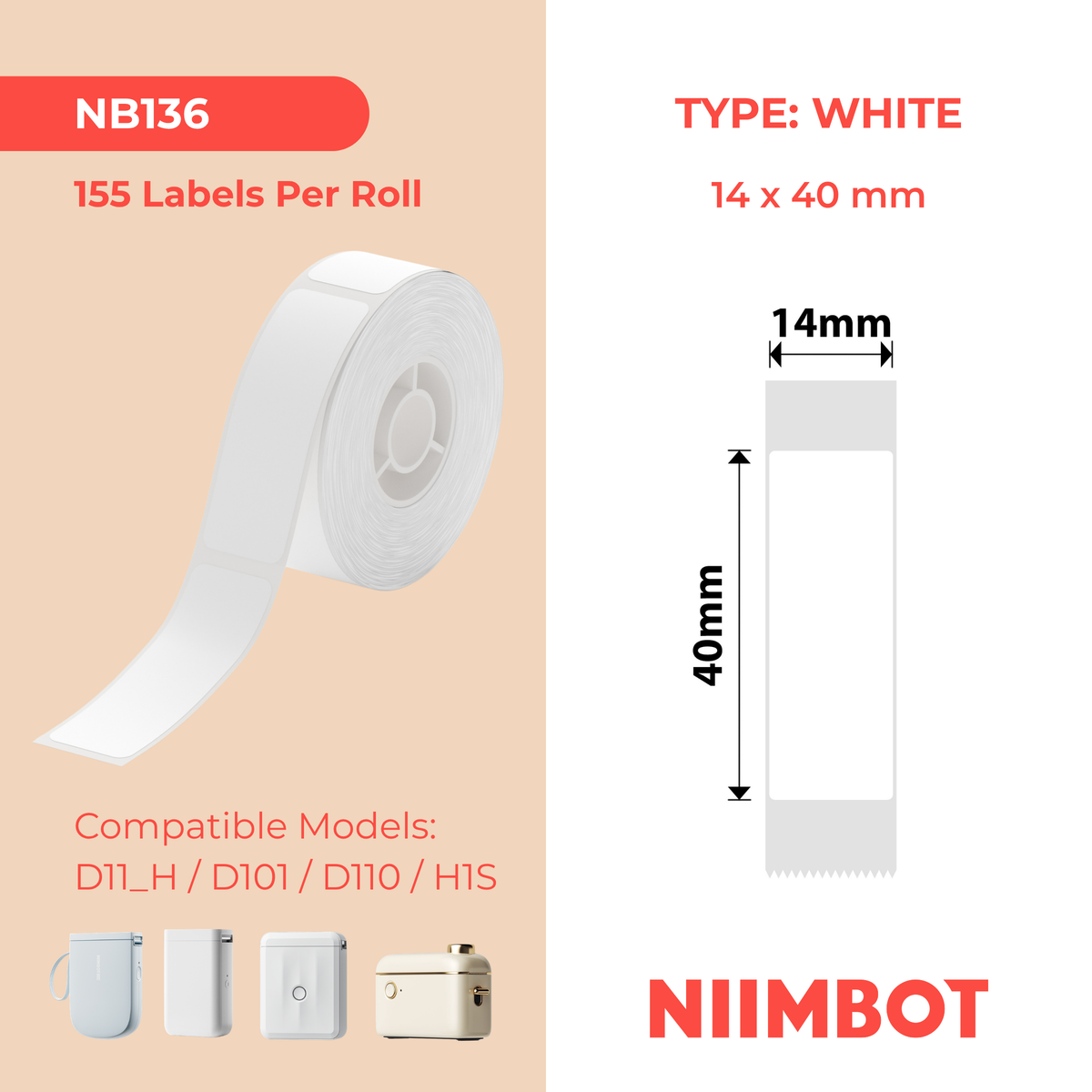 NIIMBOT - D Range - 14x40mm - White - 155 Labels