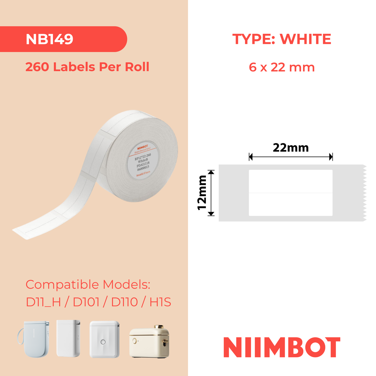 NIIMBOT - D Range - 6x22mm/2L - White - 500 Labels