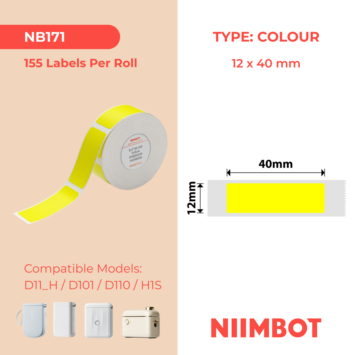 NIIMBOT - D Range - 12x40mm - Yellow - 155 Labels
