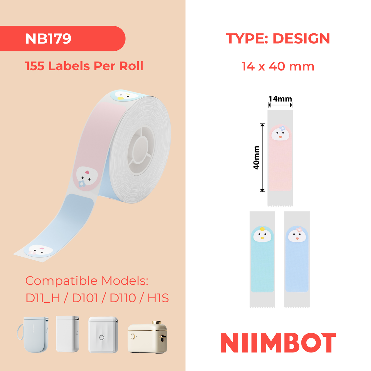 NIIMBOT - D Range - 14x40mm - Baby Face - 155 Labels