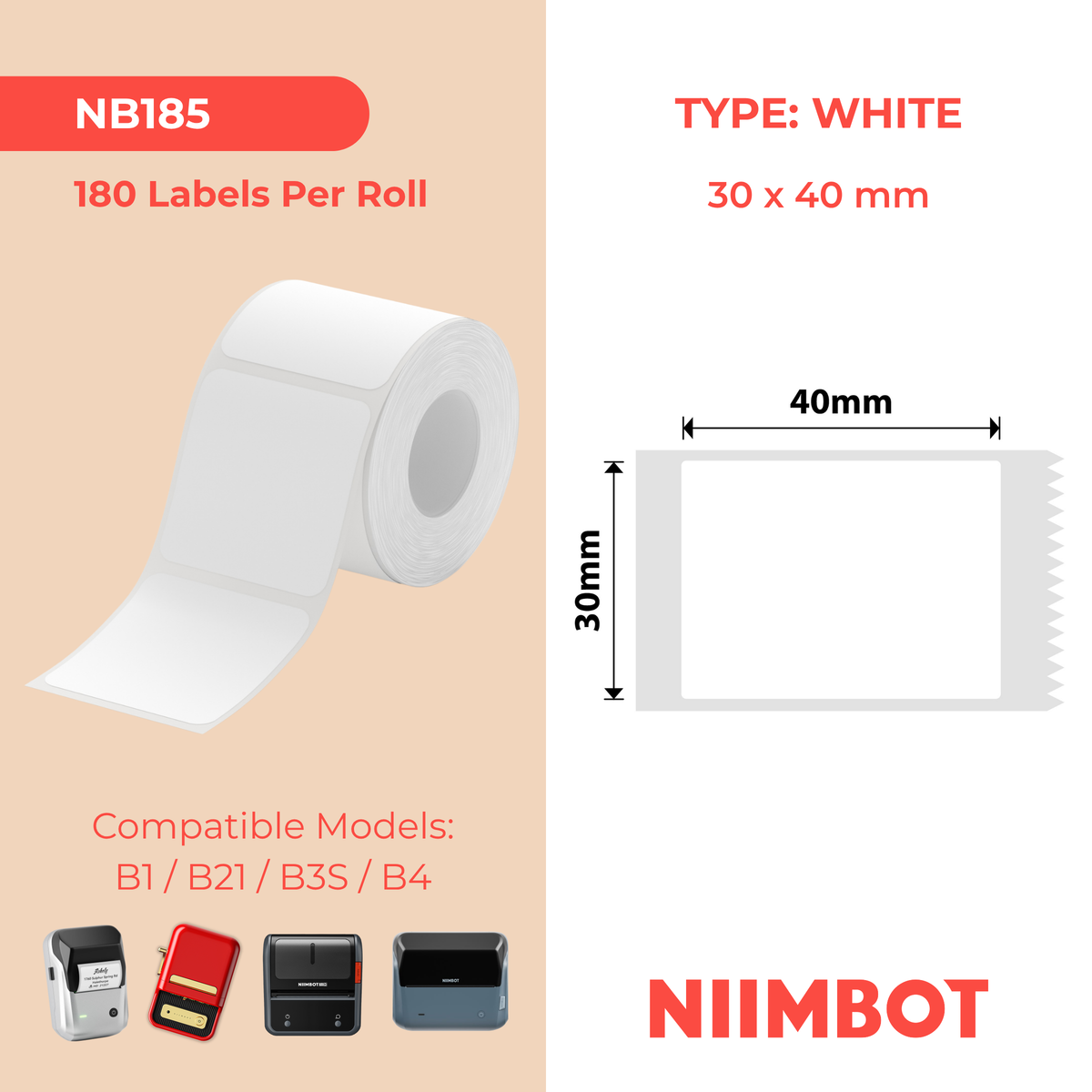 NIIMBOT - B Range - 30x40mm - White - 180 Labels