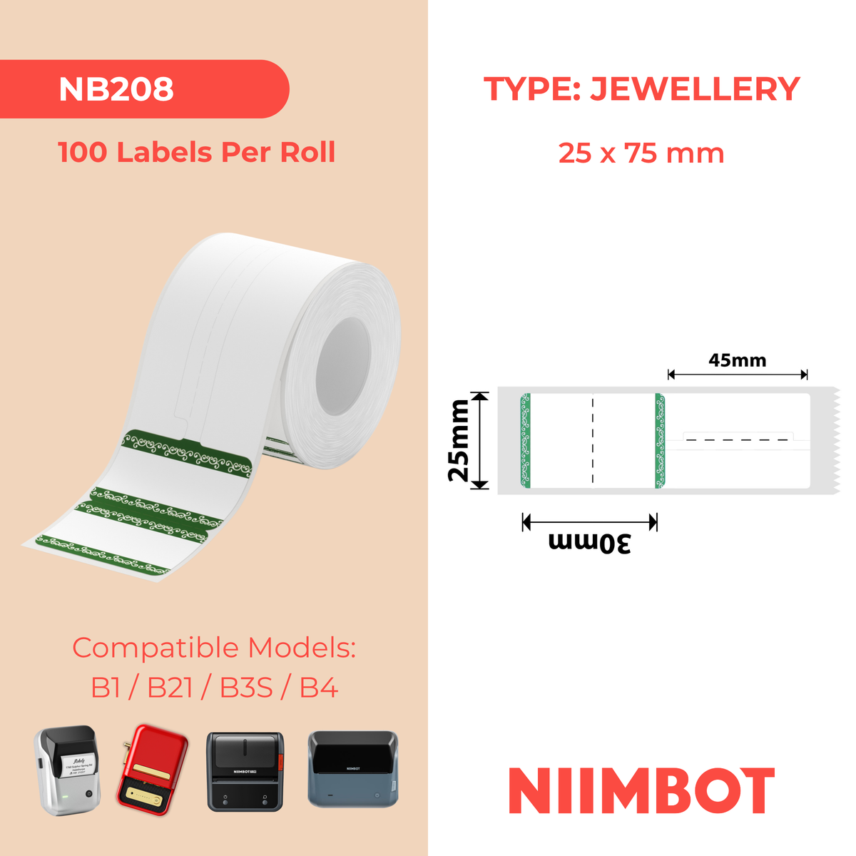 NIIMBOT - B Range - 25x75mm - Green Border Jewellery - 100 Labels