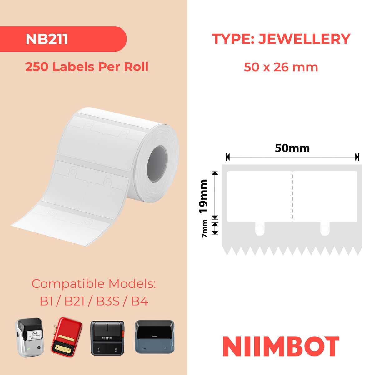 NIIMBOT - B Range - 50x26mm - White Jewellery With Hole - 250 Labels
