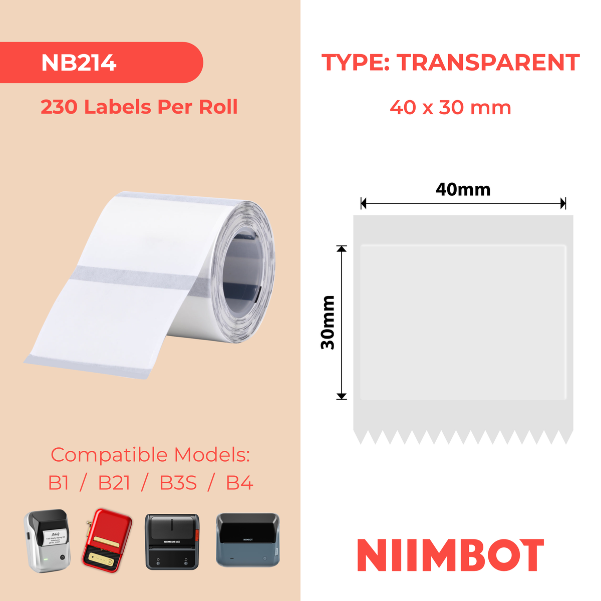 NIIMBOT - B Range - 40x30mm - Transparent - 230 Labels