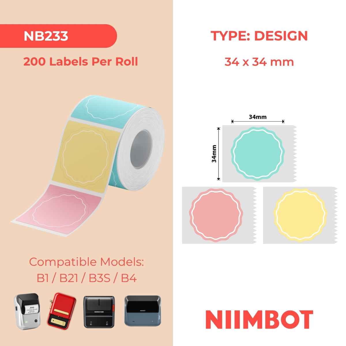 NIIMBOT - B Range - 34x34mm - Wavy Round Pink, Yellow & Blue - 200 Labels