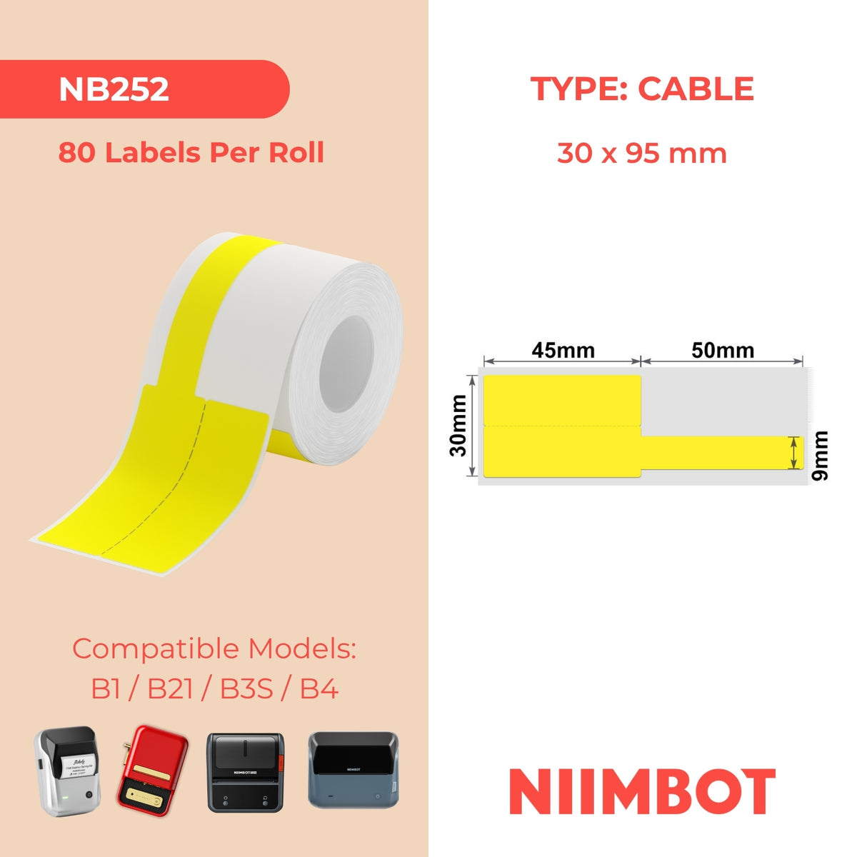 NIIMBOT - B Range - 30x95mm - Yellow Cable - 80 Labels