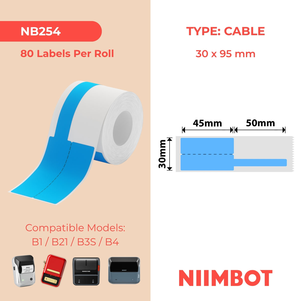 NIIMBOT - B Range - 30x95mm - Blue Cable - 80 Labels