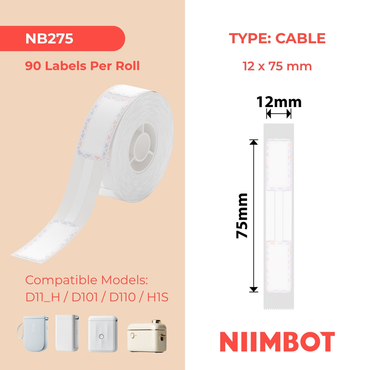 NIIMBOT - D Range - 12x75mm - Milk Candy Cable - 90 Labels