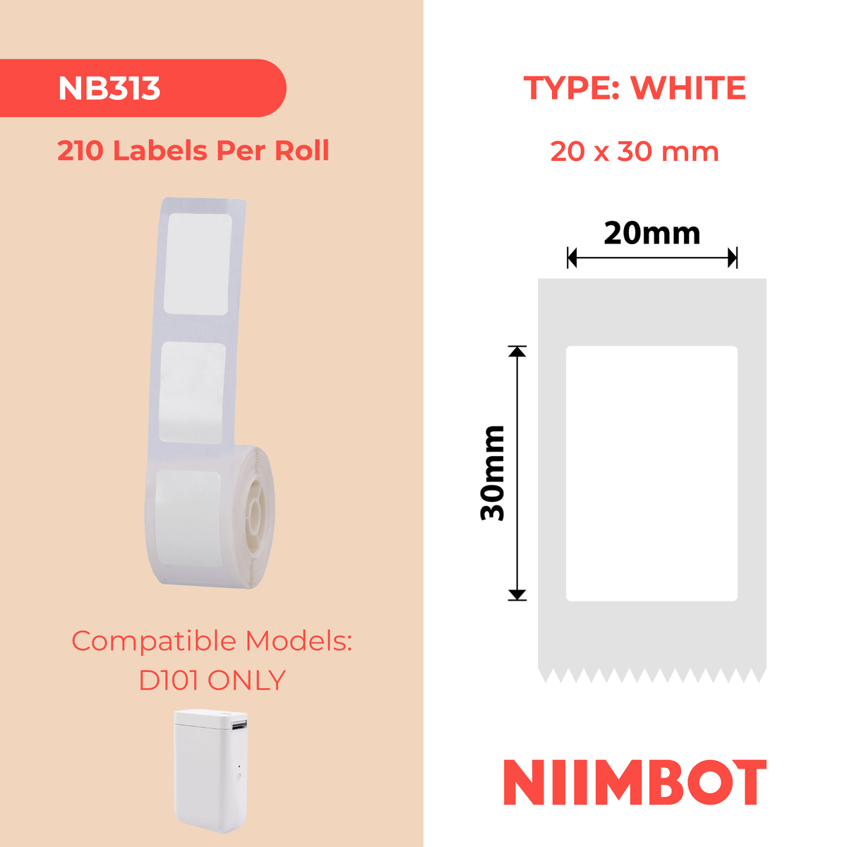 NIIMBOT - D101 Only - 20x30mm - White - 210 Labels